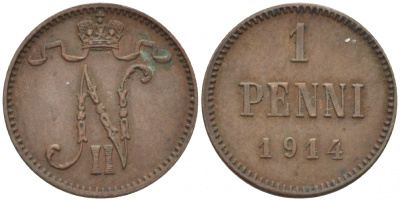 Россия для Финляндии 1 пенни 1914 Николай II (1894-1917) KM 13, Биткин 474 медь 4396-1427
