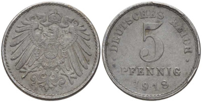 ГЕРМАНИЯ 5 ПФЕННИГОВ 1918 E KM 19, J. 297, Weege 5 железо 206-721