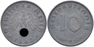 ГЕРМАНИЯ 10 РЕЙХСПФЕННИГОВ 1942 A KM 101, J. 371 цинк 4401-634