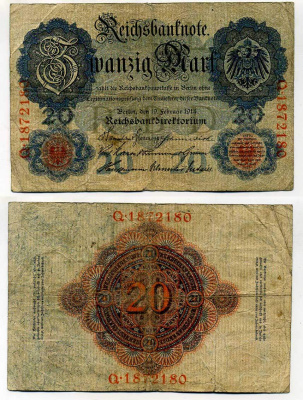 ГЕРМАНИЯ 20 МАРОК 1914 СЕМЬ ЦИФР В НОМЕРЕ Pick 46b бумага 6293-54-2