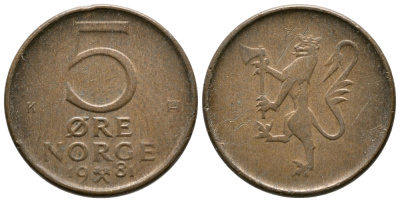 Норвегия 5 эре 1981 Улаф V (1958-1991) KM 415 бронза 220-452
