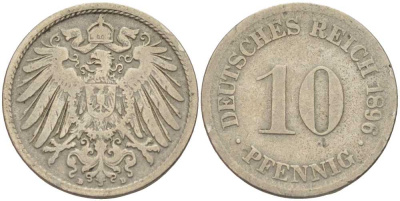 ГЕРМАНИЯ 10 ПФЕННИГОВ 1896 D KM 12, J. 13 медно-никель 4401-953
