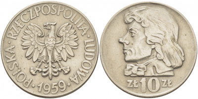 Польша 10 злотых 1959 MW, Тадеуш Костюшко, первый год KM 50 медно-никель 4517-812