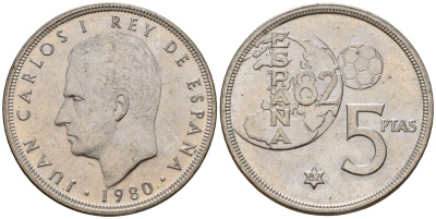 Испания 5 песет 1980 (82) Чемпионат мира по футболу в Испании 1982, Хуан Карлос I (1975-2014) KM 817 медно-никель 216-256