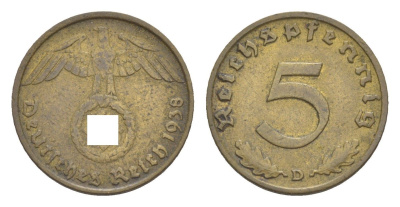 Германия 5 рейхспфеннигов 1938 D KM 91, J. 363 алюминиевая бронза 4647-823