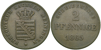Саксен-Мейнинген 2 пфеннига 1865 Бернгард II (1803-1866) KM 171 медь 99-648