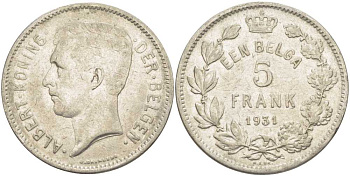 БЕЛЬГИЯ 5 ФРАНКОВ 1931 АЛЬБЕРТ I, DER BELGEN KM 98 никель 3851-334