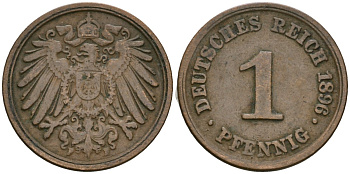 Германия 1 пфенниг 1896 F, Вильгельм II (1888-1918) KM 10, J. 10 медь 4608-214
