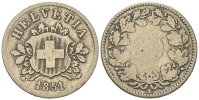 Швейцария 5 раппенов 1851 BB KM 5 серебро 4617-335