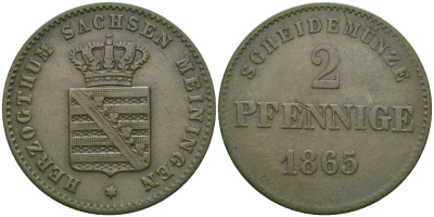 Саксен-Мейнинген 2 пфеннига 1865 Бернгард II (1803-1866) KM 171 медь 99-648