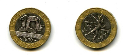 Франция 10 франков 1990 тип Гений Бастилии KM 964.1, Le Frank 375.5 биметалл 37-153