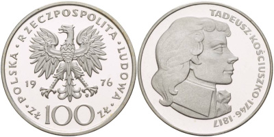 Польша 100 злотых 1976 MW, Тадеуш Костюшко (1746-1817), в оригинальной упаковке KM 82, Parchimowicz 274 серебро PROOF 5-3-1-35