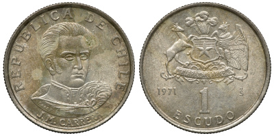 Чили 1 эскудо 1971 Хосе Мигель Каррера KM 197 медно-никель 4118-251