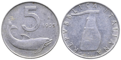 ИТАЛИЯ 5 ЛИР 1955 R, РУЛЬ, ДЕЛЬФИН KM 92 алюминий 51-2521