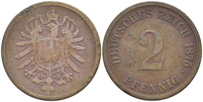 ГЕРМАНИЯ 2 ПФЕННИГА 1875 G, СТАРОГЕРБОВКА KM 2, J. 2, Weege 3 медь 212-552