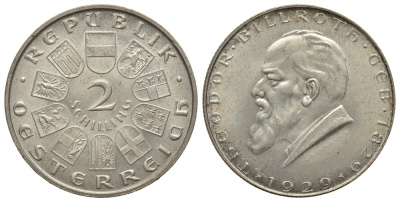 Австрия 2 шиллинга 1929 100 лет со дня рождения Теодора Бильрота KM 2844 серебро 413-511