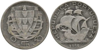 Португалия 2,50 эскудо 1932 парусник КМ 580 серебро 202-352