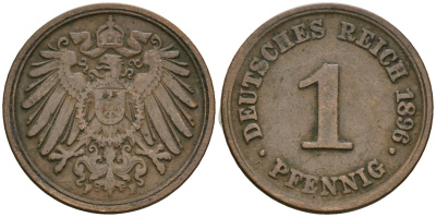 Германия 1 пфенниг 1896 F, Вильгельм II (1888-1918) KM 10, J. 10 медь 4608-214