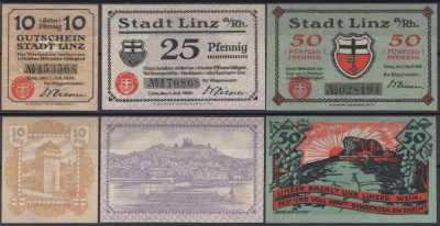 Линц-на-Рейне полный набор из 3 нотгельдов (10, 25 и 50 пфеннигов) 1920 DeNG 2 L50.11, 12 и 13 бумага UNC (пресс) 7556-47-3-1