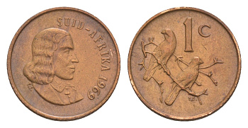 ЮАР 1 цент 1969 Ян ван Рибек (1619-1677), Suid Africa, легенда на африкаанс, капские воробьи KM 65.2 бронза 4609-1144