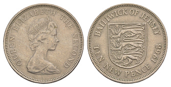 Джерси 10 новых пенсов 1968 герб, Елизавета II (1952-2022) KM 33 медно-никель 4653-1016