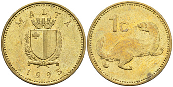 Мальта 1 цент 1995 ласка, горностай KM 93 никель латунь 4585-1231