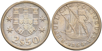 Португалия 2,5 эскудо 1964 парусник KM 590 медно-никель 75-1323