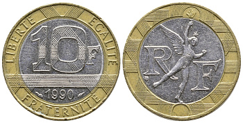 Франция 10 франков 1990 тип Гений Бастилии KM 964.1, Le Frank 375.5 биметалл 93-1134