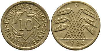 ГЕРМАНИЯ 10 РЕНТЕНПФЕННИГОВ 1924 D KM 33, J. 309, Weege 8 алюминиевая бронза 51-611
