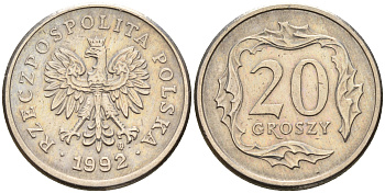 Польша 20 грошей 1992 MW KM 280 медно-никель    4564-461