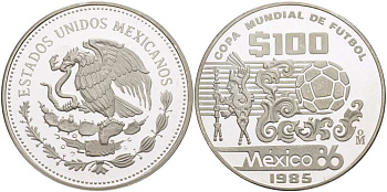 Мексика 100 песо 1985 чемпионат мира по футболу в Мексике 1986 года, тираж 9006 экземпляров KM 499 а серебро PROOF 1074-3-33
