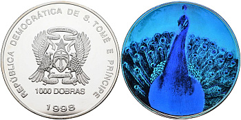 Сан-Томе и Принсипи 1000 добра 1998 (1997) павлин, галограмма KM 79 серебро PROOF 04-137-34