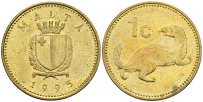 Мальта 1 цент 1995 ласка, горностай KM 93 никель латунь 4585-1231