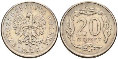 Польша 20 грошей 1992 MW KM 280 медно-никель    4564-461