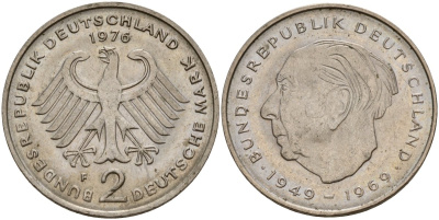 ФРГ 2 марки 1976 F, Конрад Аденауэр KM 124, J. 406 медно-никель 4159-1237