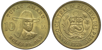 Перу 10 солей 1978 Тупак Амару II KM 272.2 латунь 4605-412