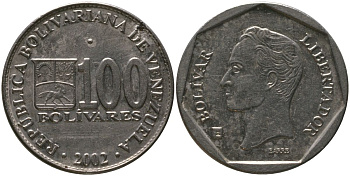 Венесуэла 100 боливаров 2002 KM 83, Schon 95 сталь плакированная никелем 4529-524