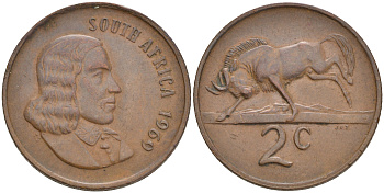ЮАР 2 цента 1969 Ян ван Рибек (1619-1677), South Africa, легенда на английском, антилопа гну KM 66.1 бронза 4561-735