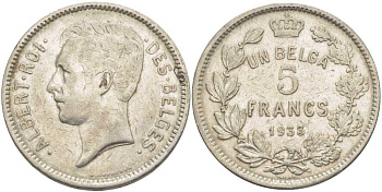 БЕЛЬГИЯ 5 ФРАНКОВ 1933 АЛЬБЕРТ I, DES BELGES KM 97.1 никель 3851-235