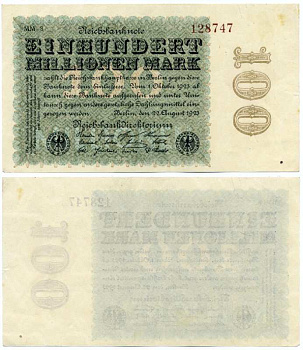 ГЕРМАНИЯ 100000000 МАРОК (СТО МИЛЛИОНОВ) 1923 22 АВГУСТА 1923, ВОДЯНОЙ ЗНАК Е, G/D В ЗВЁЗДАХ, КОРИЧНЕВЫЙ НОМЕР, СЕРИЯ ММ-8 Pick 107d, Rosenberg 106l бумага 8613-10-2-1