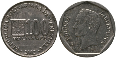 Венесуэла 100 боливаров 2002 KM 83, Schon 95 сталь плакированная никелем 4529-524
