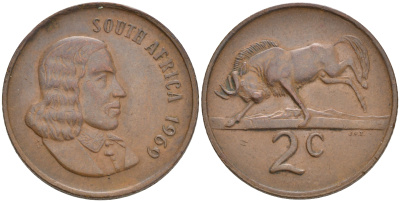 ЮАР 2 цента 1969 Ян ван Рибек (1619-1677), South Africa, легенда на английском, антилопа гну KM 66.1 бронза 4561-735