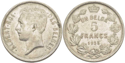 БЕЛЬГИЯ 5 ФРАНКОВ 1933 АЛЬБЕРТ I, DES BELGES KM 97.1 никель 3851-235