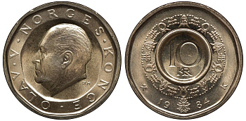 Норвегия 10 крон 1984 Улаф V (1957-1991) KM 427 медь цинк никель UNC 81-845