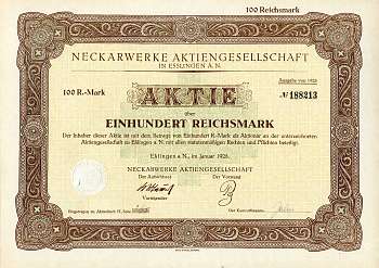 Германия 100 рейхсмарок 1928 АО Неккарверке в Эсслингене, акция   бумага   8801-67-1