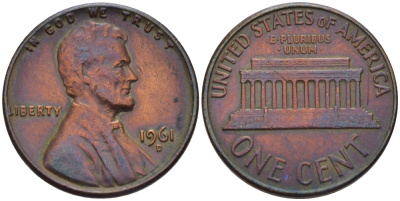 США 1 цент 1961 D, Авраам Линкольн KM 201 медь цинк 66-447