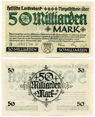 Германия, Дармштадт 50000000000 марок  (50 миллиардов марок) 1923 1 ноября 1923, нотгельд, земля Гессен, серия В, со снежинкой, Hessesche Landesbank Keller 956f  бумага  UNC (пресс) 8613-19-3-1