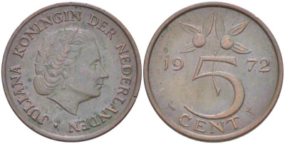 Нидерланды 5 центов 1972 Юлиана (1948-1980) KM 181 бронза 213-1115