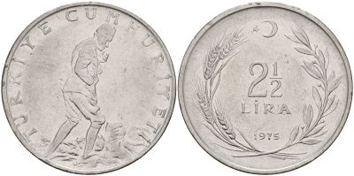 Турция 2 1/2 лиры 1975  KM 893.2 сталь    4599-636