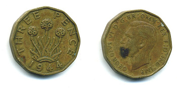 Великобритания 3 пенса 1944 Георг VI (1936-1952) KM 849, Spink 4112 никель латунь 540-244